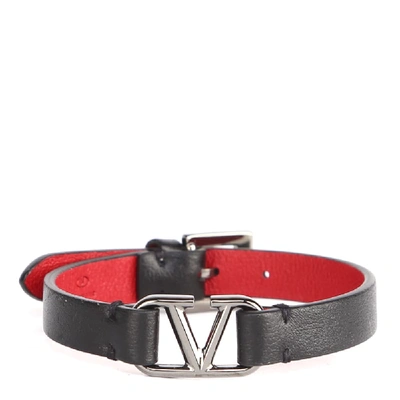 Shop Valentino Black Leather Vlogo Bracelet In Black/red
