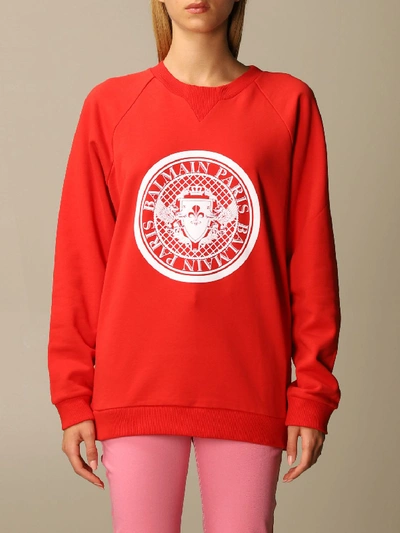 Shop Balmain Cotton Sweatshirt With Flock Emblem In Red