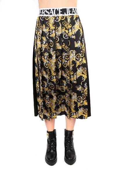 Shop Versace Jeans Couture Pleated Skirt With Baroque Print In Black-multicolor