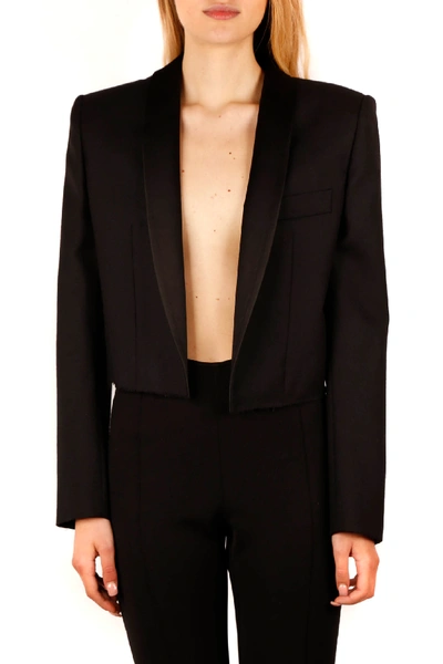 Shop Saint Laurent Black Cropped Tuxedo Jacket In Wool Gabardine And Silk
