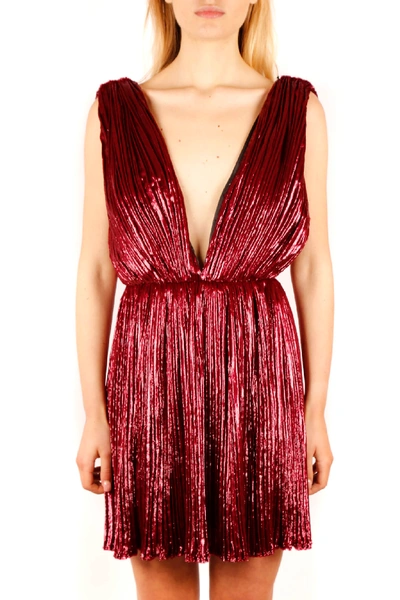 Shop Saint Laurent Raspberry Plunging V-neck Mini Dress In Pleated Lamé Velvet