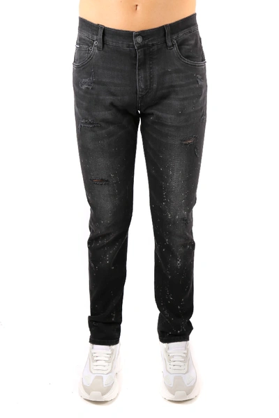 Shop Dolce & Gabbana Distressed Jeans In Black Cotton Denim