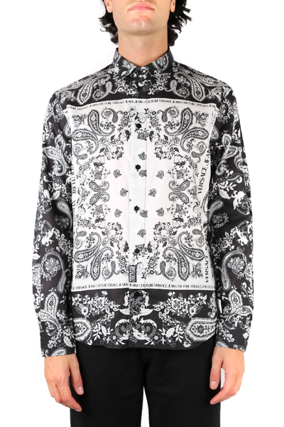 Shop Versace Jeans Couture Black, White Paisley Print Cotton Twill Shirt In Black-white