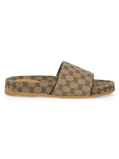 Shop Gucci Men's Sideline Logo Canvas Slide Sandals In Beige