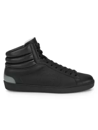 Shop Gucci Men's Ace High-top Leather Sneakers In Black