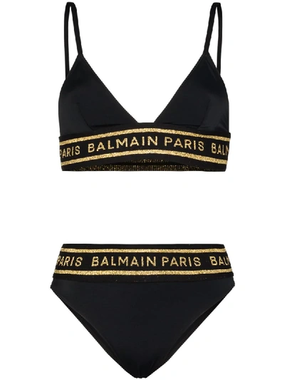 Shop Balmain Metallic Logo Bikini Set In Black