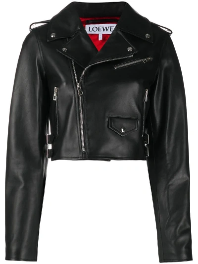 Shop Loewe Cropped Leather Jacket In Black