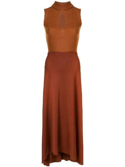 Shop Victoria Beckham High Neck Sleeveless Midi Dress In Brown