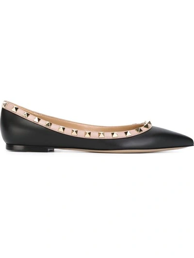 Valentino Garavani Pointed Toe Studded Trim Flat Sole Ballerina In Black