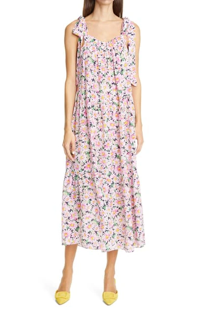 Shop Les Rêveries Floral Tie Strap Tiered Silk Sundress In Daisy