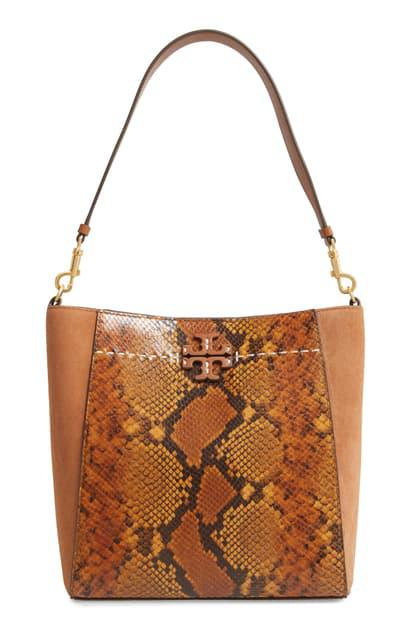 Tory Burch Mcgraw Snake Embossed Leather Hobo In Dark Caramel | ModeSens