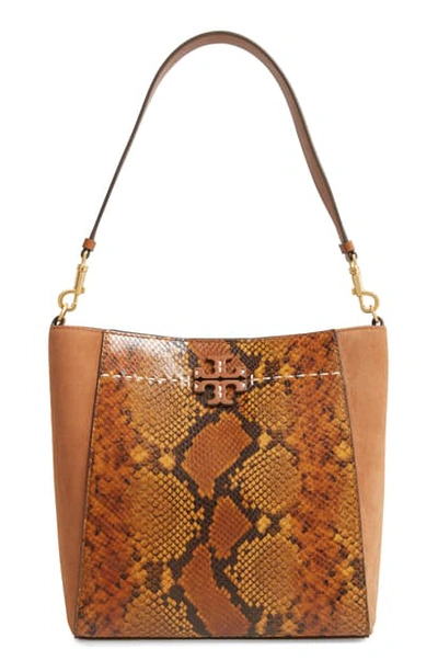 Shop Tory Burch Mcgraw Snake Embossed Leather Hobo In Dark Caramel