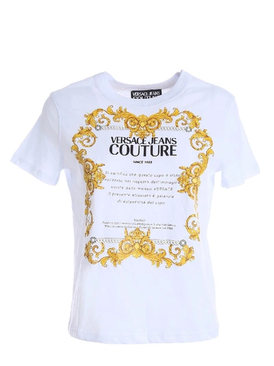Shop Versace Jeans Couture Gold Baroque Label Print T-shirt In White