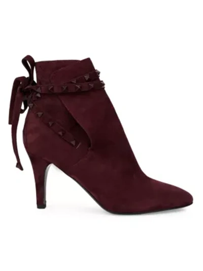 Shop Valentino Gravani Rockstud Flair Ankle-wrap Suede Booties In Maroon