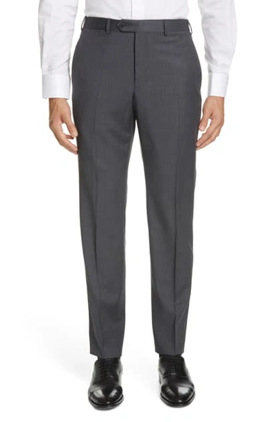 Shop Emporio Armani Flat Front Solid Wool Trousers In Navy