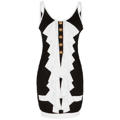 Shop Balmain Monochrome Ruffle-trimmed Knitted Mini Dress In Black And White