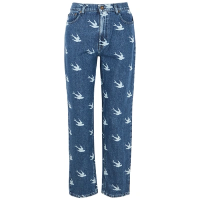 Shop Mcq By Alexander Mcqueen Blue Swallow-print Straight-leg Jeans In Denim