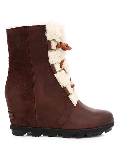 Shop Sorel Joan Wedge Ii Shearling-lined Leather Waterproof Boots In Cat Tail