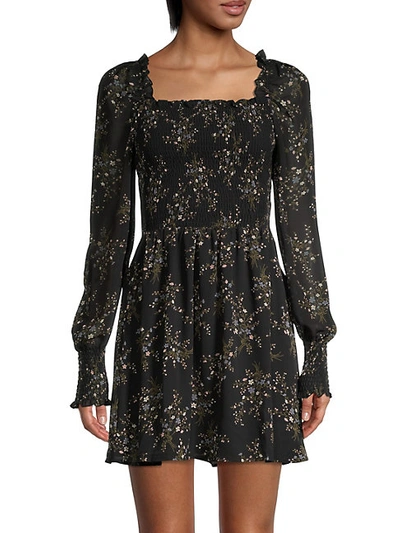 Shop Allison New York Floral Smocked Long-sleeve Mini Dress In Black