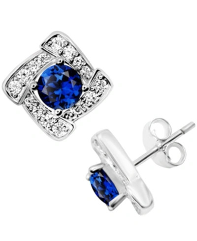Shop Essentials Blue Glass & Cubic Zirconia Square Halo Stud Earrings In Silver-plate
