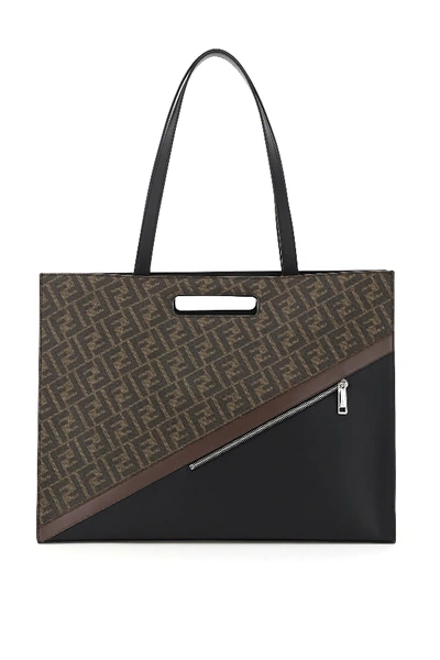 Shop Fendi E-w Ff Tote Bag Diag Stripe In Brown,black