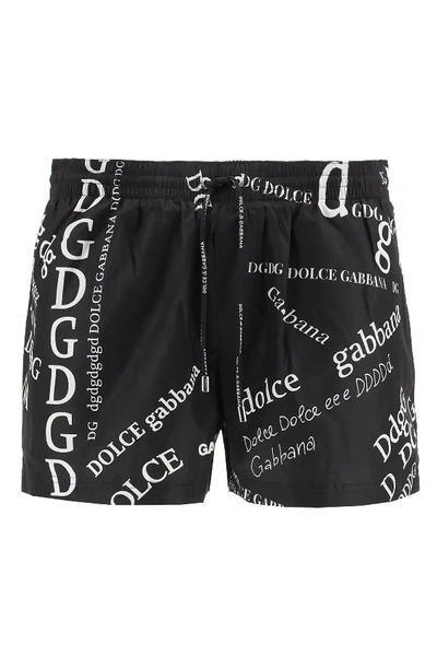 Shop Dolce & Gabbana Swim Trunks All-over Logo In Black,white