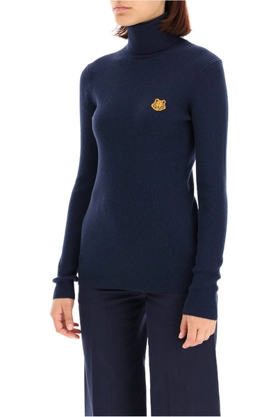 Shop Kenzo Turtleneck Sweater With Tigher Patch In Blue