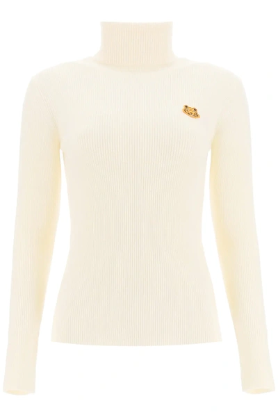 Shop Kenzo Turtleneck Sweater With Tigher Patch In White