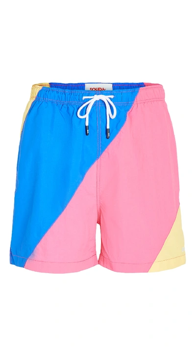 Shop Solid & Striped The Classic Colorblock Blue Fuchsia Yell Swim Shorts In Blue/fuchsia/yellow