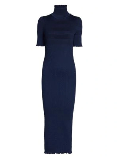 Shop Fendi Smocked Silk Crepe Turtleneck Dress In Dark Blue