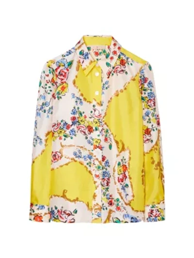 Shop Tory Burch Floral Print Silk Top In Yellow Porcelain Floral