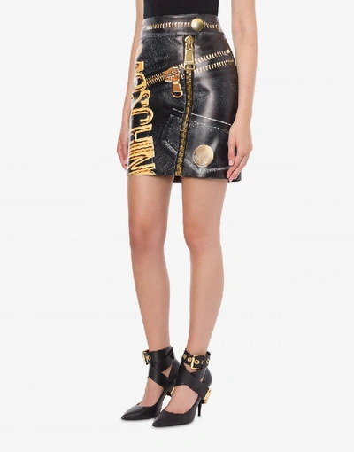 Shop Moschino Nappa Leather Miniskirt Macro Biker In Dark Grey