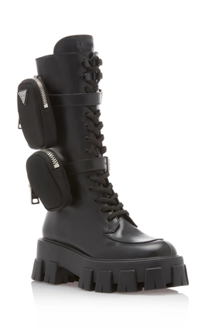 Shop Prada Pouch-detailed Leather Lace-up Boots In Black