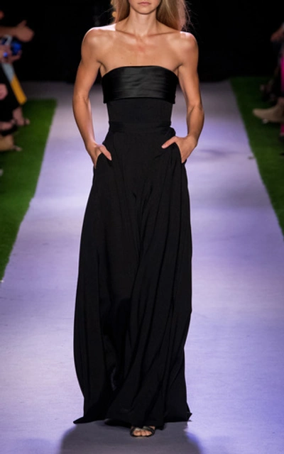 Shop Brandon Maxwell Satin-trimmed Wide-leg Crepe Jumpsuit In Black