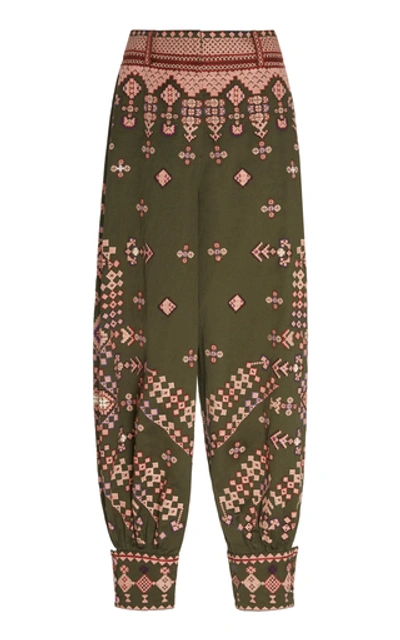 Shop Ulla Johnson Safa Embroidered Cotton High-rise Pants In Green