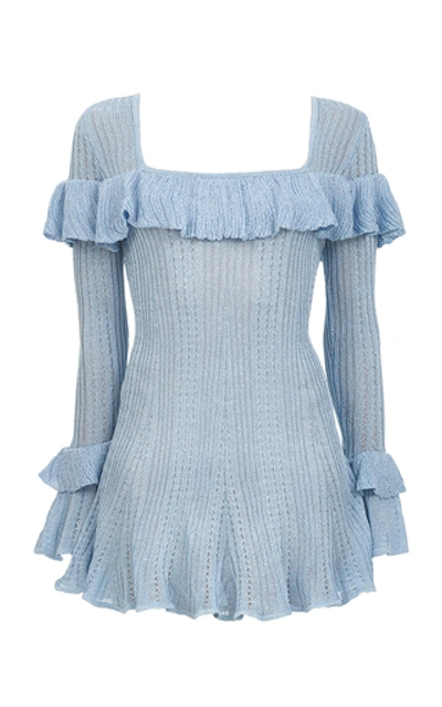 Shop Self-portrait Ruffled Lurex-knit Mini Dress In Blue