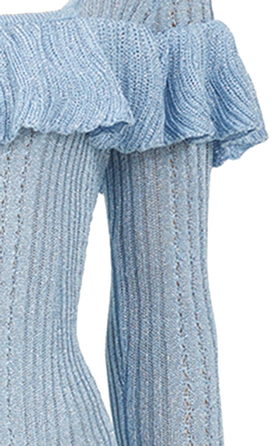 Shop Self-portrait Ruffled Lurex-knit Mini Dress In Blue