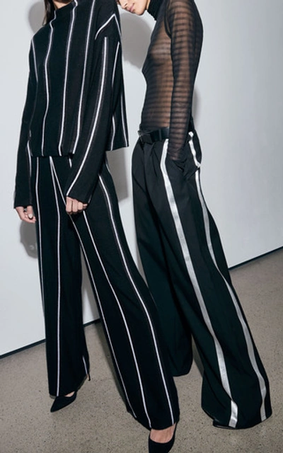 Shop Sally Lapointe Striped Low-rise Wide-leg Crepe Pants In Black