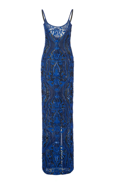 Shop Naeem Khan Sequin-embellished Lace Accented Gown In Blue
