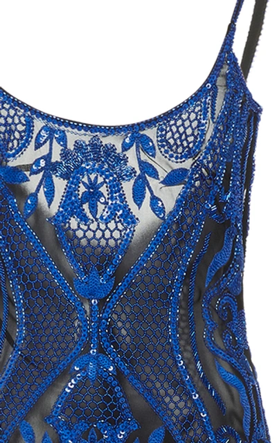 Shop Naeem Khan Sequin-embellished Lace Accented Gown In Blue