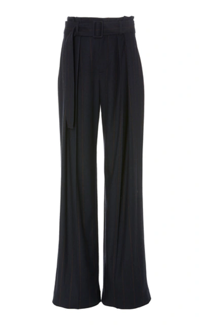 Shop Vince Belted Pinstriped Twill Wide-leg Pants In Stripe