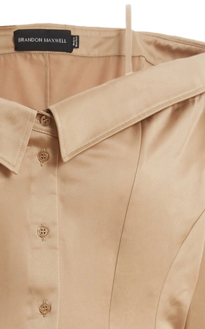 Shop Brandon Maxwell Off-the-shoulder Cotton Midi Shirt Dress In Neutral