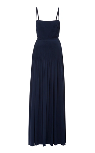 Shop Andres Otalora Don Juan Plisse Silk-georgette Maxi Dress In Navy