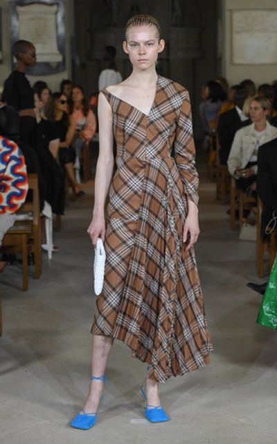 Shop A.w.a.k.e. Asymetric Plaid Maxi Dress In Brown