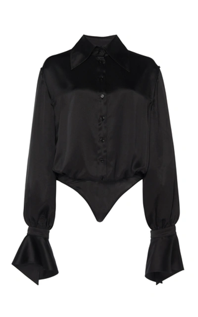 Shop Mugler Collared Satin Long Sleeved Bodysuit In Black