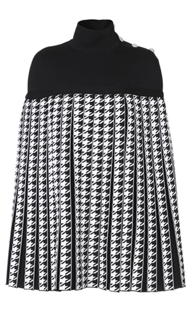 Shop Balmain Pleated Houndstooth Cady Turtleneck Poncho In Black/white