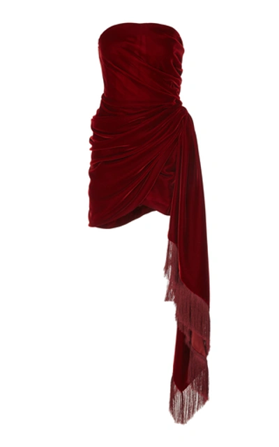 Shop Oscar De La Renta Strapless Fringe-trimmed Velvet Mini Dress In Red