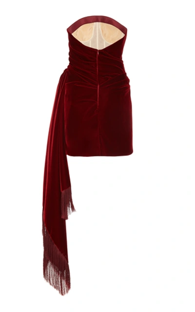 Shop Oscar De La Renta Strapless Fringe-trimmed Velvet Mini Dress In Red