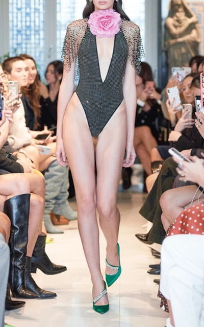 Shop Alessandra Rich Crystal-embellished One-piece Swimsuit In Black