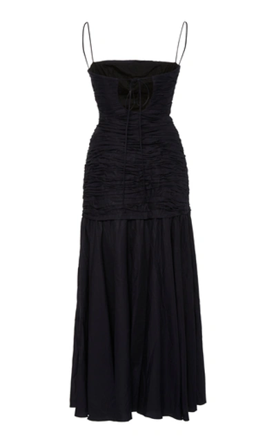 Shop Andres Otalora Trinidad Ruched Cotton Midi Dress In Navy
